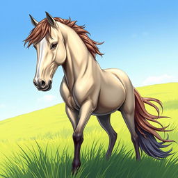 A detailed and realistic illustration of a majestic horse standing in a lush green meadow with a clear blue sky in the background