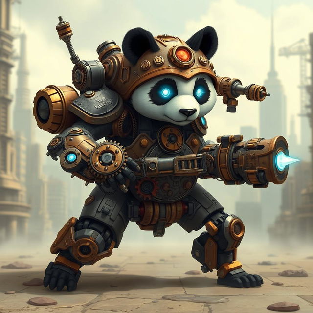 A robotic steampunk panda warrior, adorned with intricate gears and mechanical armor, standing valiantly in a futuristic cityscape