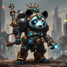 A robotic steampunk panda warrior, adorned with intricate gears and mechanical armor, standing valiantly in a futuristic cityscape