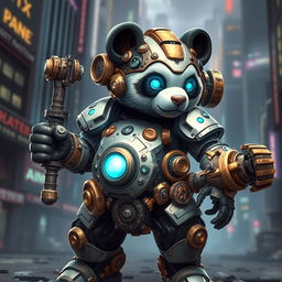 A robotic steampunk panda warrior, adorned with intricate gears and mechanical armor, standing valiantly in a futuristic cityscape