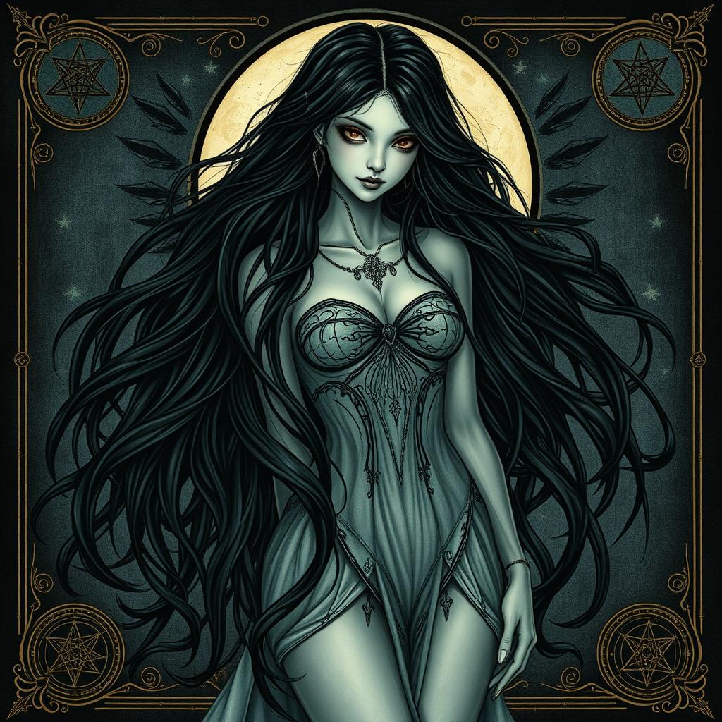 A detailed and artistic portrayal of Lilith, the mythological figure, depicted with dark, flowing hair, and an ethereal, mysterious aura