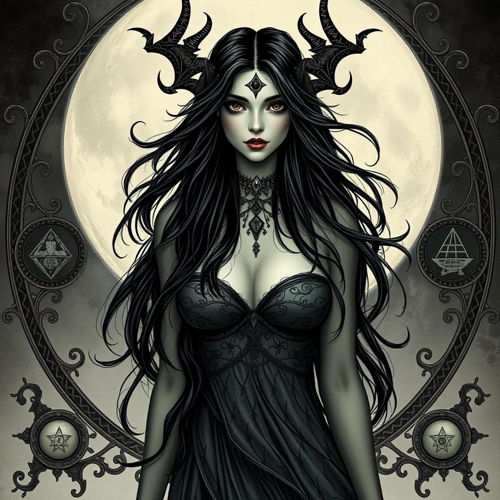 A detailed and artistic portrayal of Lilith, the mythological figure, depicted with dark, flowing hair, and an ethereal, mysterious aura