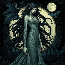 A detailed and artistic portrayal of Lilith, the mythological figure, depicted with dark, flowing hair, and an ethereal, mysterious aura