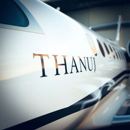 A luxurious private jet with the name 'THANUJ' engraved on the body