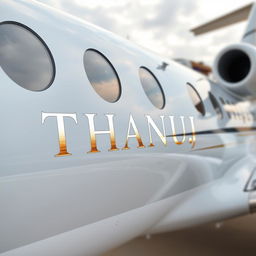 A luxurious private jet with the name 'THANUJ' engraved on the body