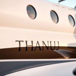 A luxurious private jet with the name 'THANUJ' engraved on the body