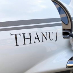 A luxurious private jet with the name 'THANUJ' engraved on the body