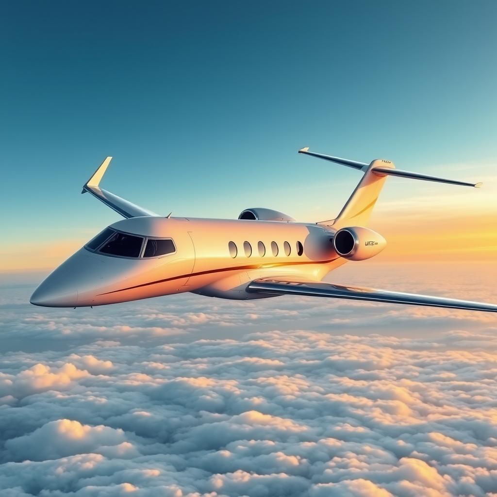 A luxurious private jet flying high above the clouds, with sleek and modern design, large windows, and a beautiful sunset in the background