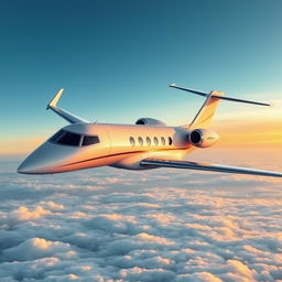 A luxurious private jet flying high above the clouds, with sleek and modern design, large windows, and a beautiful sunset in the background