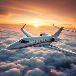 A luxurious private jet flying high above the clouds, with sleek and modern design, large windows, and a beautiful sunset in the background