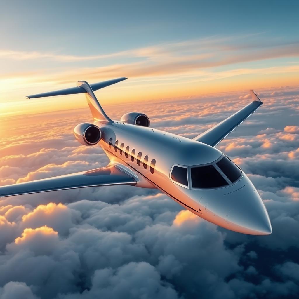 A luxurious private jet flying high above the clouds, with sleek and modern design, large windows, and a beautiful sunset in the background