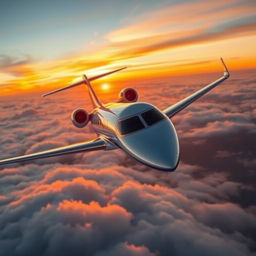 A luxurious private jet flying high above the clouds, with sleek and modern design, large windows, and a beautiful sunset in the background