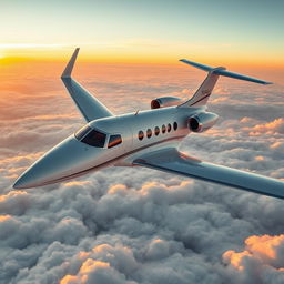 A luxurious private jet flying high above the clouds, with sleek and modern design, large windows, and a beautiful sunset in the background