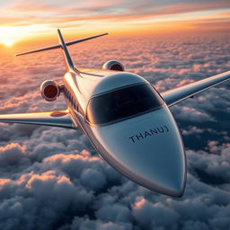 A luxurious private jet flying high above the clouds, with sleek and modern design, large windows, and a beautiful sunset in the background