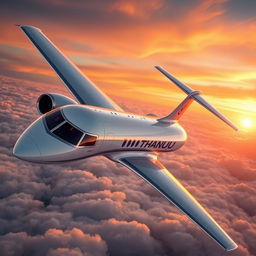 A luxurious private jet flying high above the clouds, with sleek and modern design, large windows, and a beautiful sunset in the background