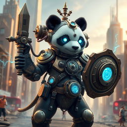 A robotic steampunk panda warrior, adorned with intricate gears and mechanical armor, standing valiantly in a futuristic cityscape