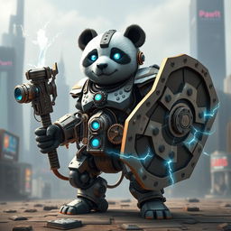 A robotic steampunk panda warrior, adorned with intricate gears and mechanical armor, standing valiantly in a futuristic cityscape