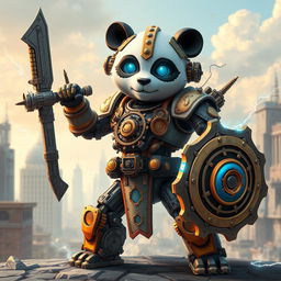 A robotic steampunk panda warrior, adorned with intricate gears and mechanical armor, standing valiantly in a futuristic cityscape