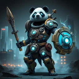 A robotic steampunk panda warrior, adorned with intricate gears and mechanical armor, standing valiantly in a futuristic cityscape