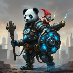 A robotic steampunk panda warrior, adorned with intricate gears and mechanical armor, standing valiantly in a futuristic cityscape