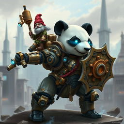 A robotic steampunk panda warrior, adorned with intricate gears and mechanical armor, standing valiantly in a futuristic cityscape