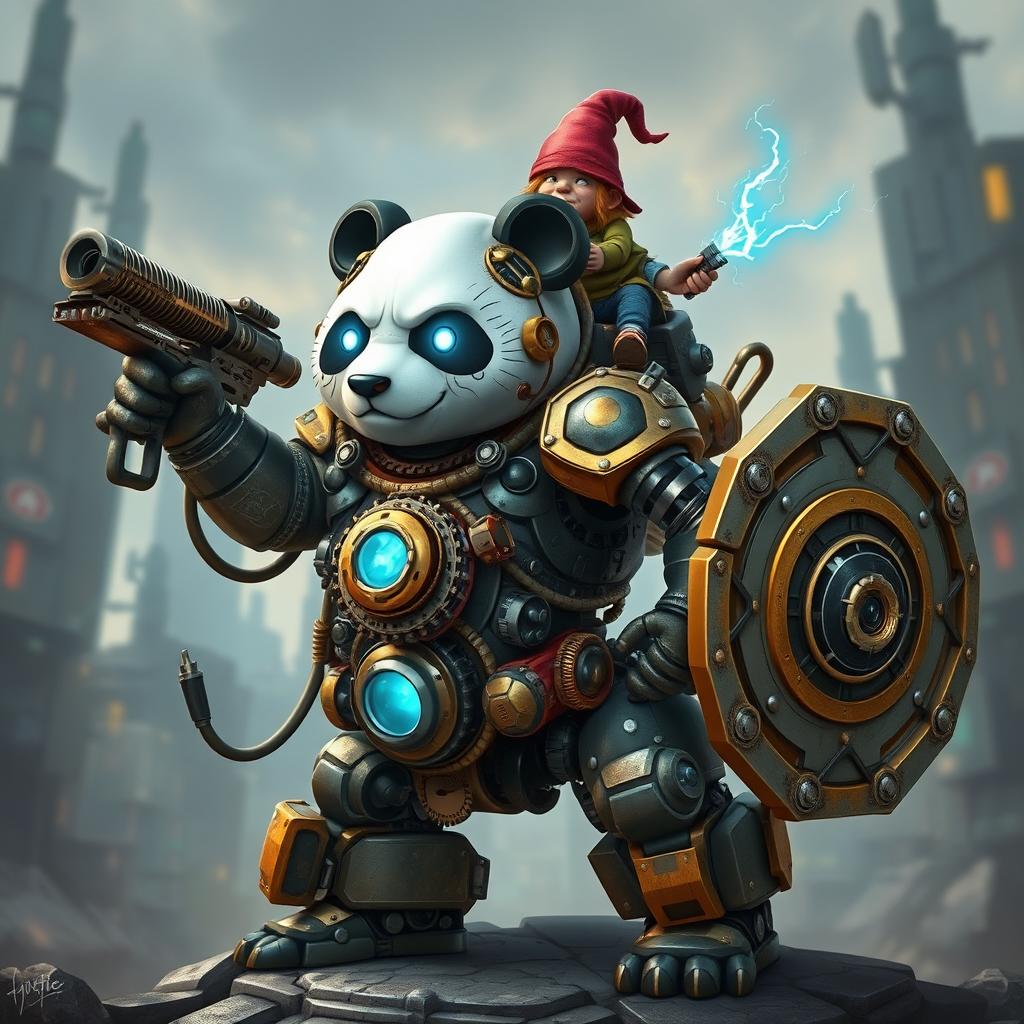 A robotic steampunk panda warrior, adorned with intricate gears and mechanical armor, standing valiantly in a futuristic cityscape