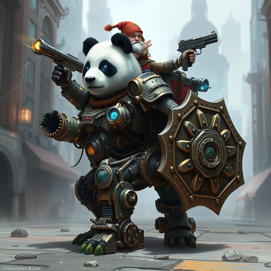 A robotic steampunk panda warrior, adorned with intricate gears and mechanical armor, standing valiantly in a futuristic cityscape