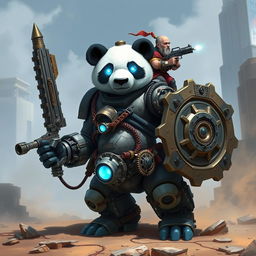 A robotic steampunk panda warrior, adorned with intricate gears and mechanical armor, standing valiantly in a futuristic cityscape