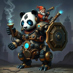 A robotic steampunk panda warrior, adorned with intricate gears and mechanical armor, standing valiantly in a futuristic cityscape