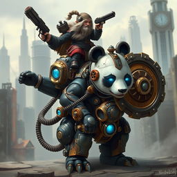 A robotic steampunk panda warrior, adorned with intricate gears and mechanical armor, standing valiantly in a futuristic cityscape