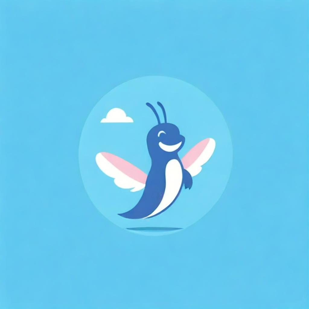 Create a unique, charming logo for a Telegram channel, featuring a grasshopper bird in amusing poses, rendered in tones of blue and pink for a lively, delightful finish.