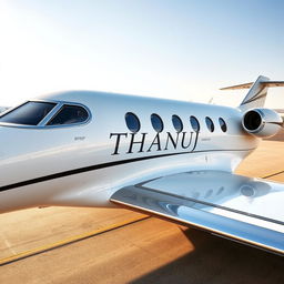 A luxurious private jet with the name 'THANUJ' engraved on the body