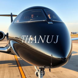 A luxurious private jet with the name 'THANUJ' engraved on the body