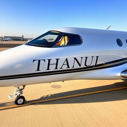 A luxurious private jet with the name 'THANUJ' engraved on the body