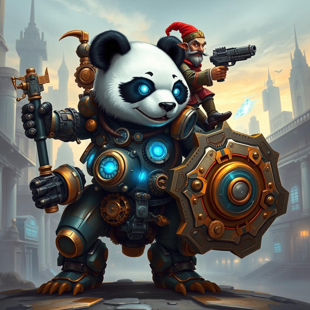 A robotic steampunk panda warrior, adorned with intricate gears and mechanical armor, standing valiantly in a futuristic cityscape