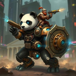 A robotic steampunk panda warrior, adorned with intricate gears and mechanical armor, standing valiantly in a futuristic cityscape