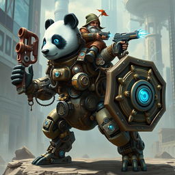 A robotic steampunk panda warrior, adorned with intricate gears and mechanical armor, standing valiantly in a futuristic cityscape