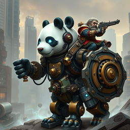 A robotic steampunk panda warrior, adorned with intricate gears and mechanical armor, standing valiantly in a futuristic cityscape