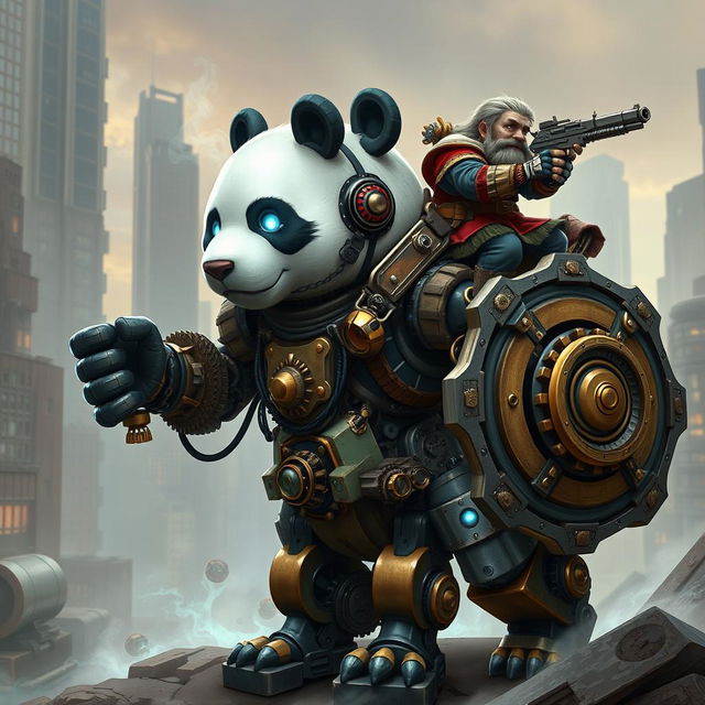 A robotic steampunk panda warrior, adorned with intricate gears and mechanical armor, standing valiantly in a futuristic cityscape