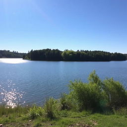 A serene landscape featuring a tranquil lake surrounded by lush green trees and a clear blue sky