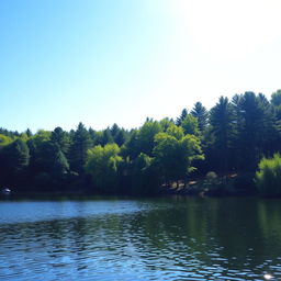 A serene landscape featuring a tranquil lake surrounded by lush green trees and a clear blue sky