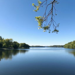 A serene landscape featuring a tranquil lake surrounded by lush green trees and a clear blue sky