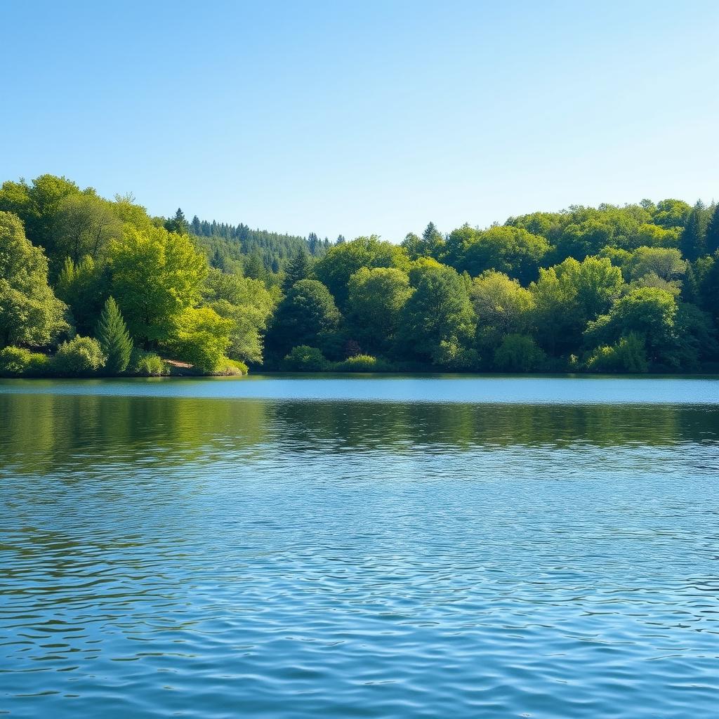 A serene landscape featuring a tranquil lake surrounded by lush green trees and a clear blue sky