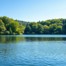 A serene landscape featuring a tranquil lake surrounded by lush green trees and a clear blue sky