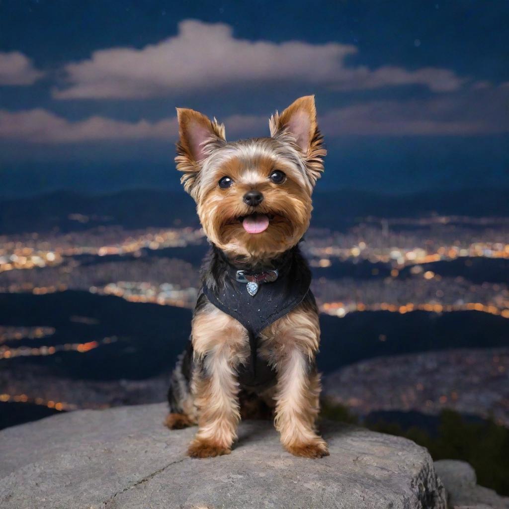 A cheerful Yorkie dog standing on a mountain peak, overlooking a brightly lit cityscape under a midnight sky.