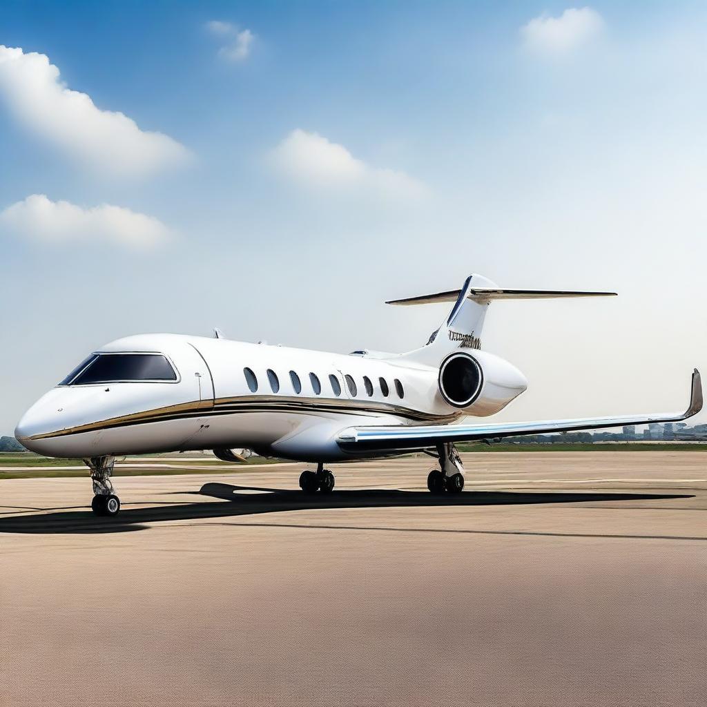 A luxurious private jet with the name 'THANUJ' engraved on the body