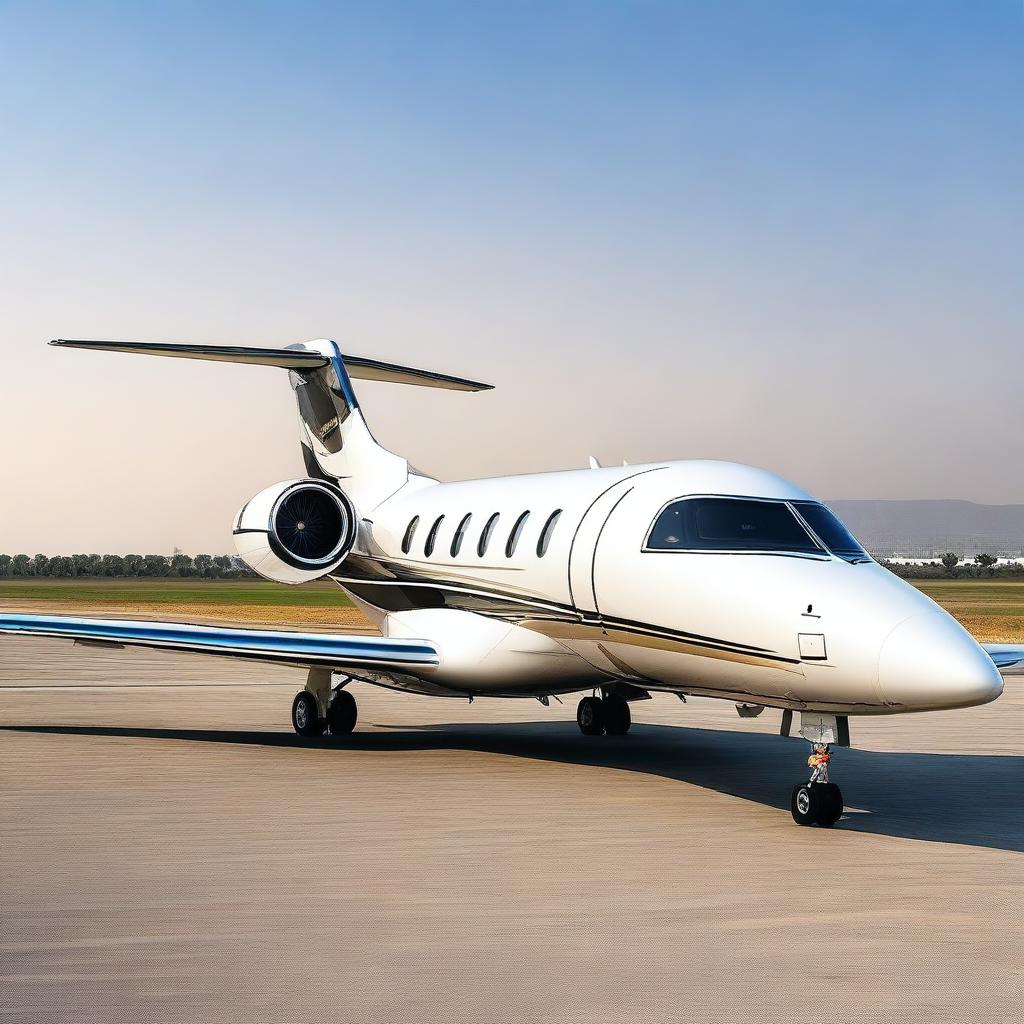 A luxurious private jet with the name 'THANUJ' engraved on the body