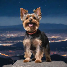 A cheerful Yorkie dog standing on a mountain peak, overlooking a brightly lit cityscape under a midnight sky.