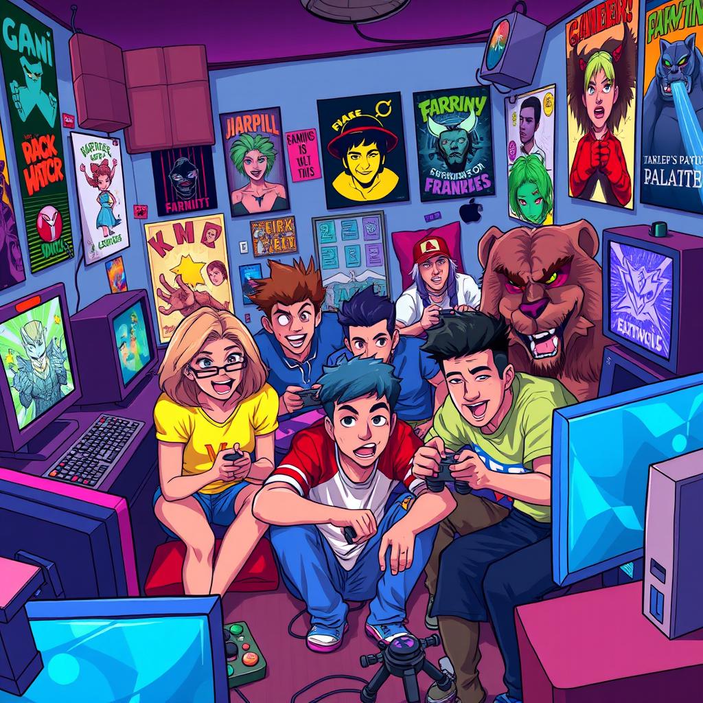 A vibrant and dynamic scene featuring a group of diverse characters engaged in an intense gaming session