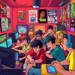 A vibrant and dynamic scene featuring a group of diverse characters engaged in an intense gaming session